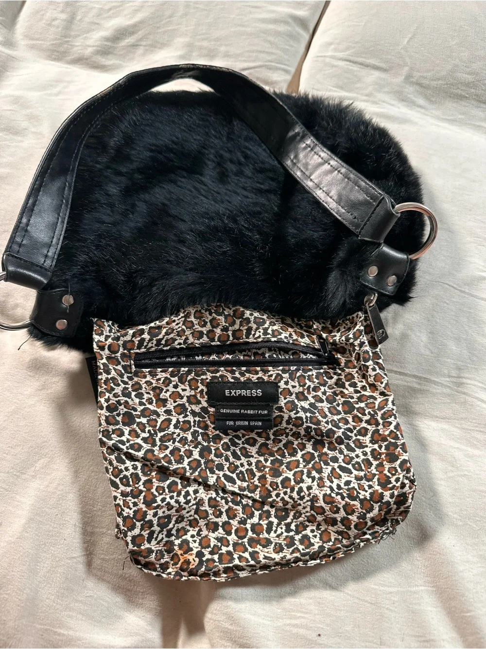 Express Black Genuine Rabbit Fur Small Retro Chic Boho Purse Handbag Y2K Grunge